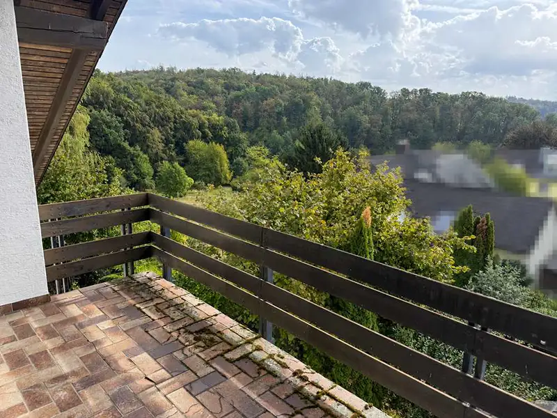 Freistehendes Wohnhaus Glattbach: Treppenhaus: Balkon Ausblick Osten