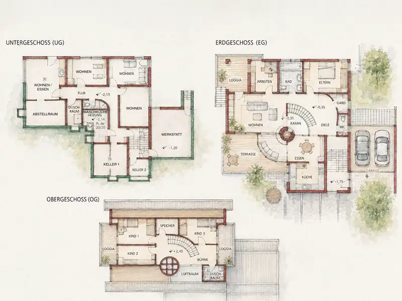 Freistehendes-Wohnhaus-Glattbach: Grundrisse UG, EG, OG
